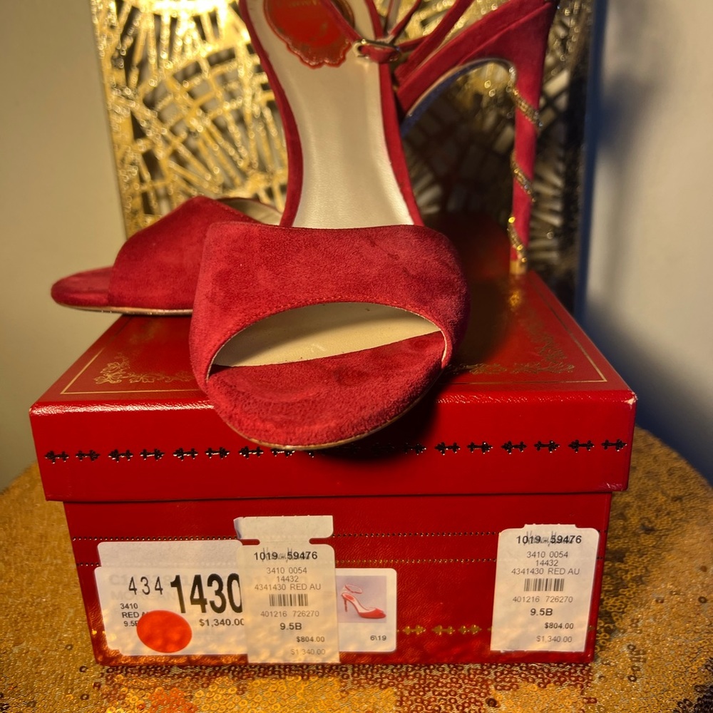 Rene’ Caovilla Red Serpent-detail 100mm suede sandals.  Women’s Size 39 1/2. - Picture 5 of 11